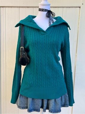 Vintage Y2K preppy cozy blue cable knit sweater sailor collar Jones New York L